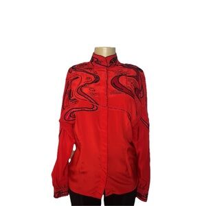 Vintage Della Roufagali Red Silk Abstract Embellished Blouse